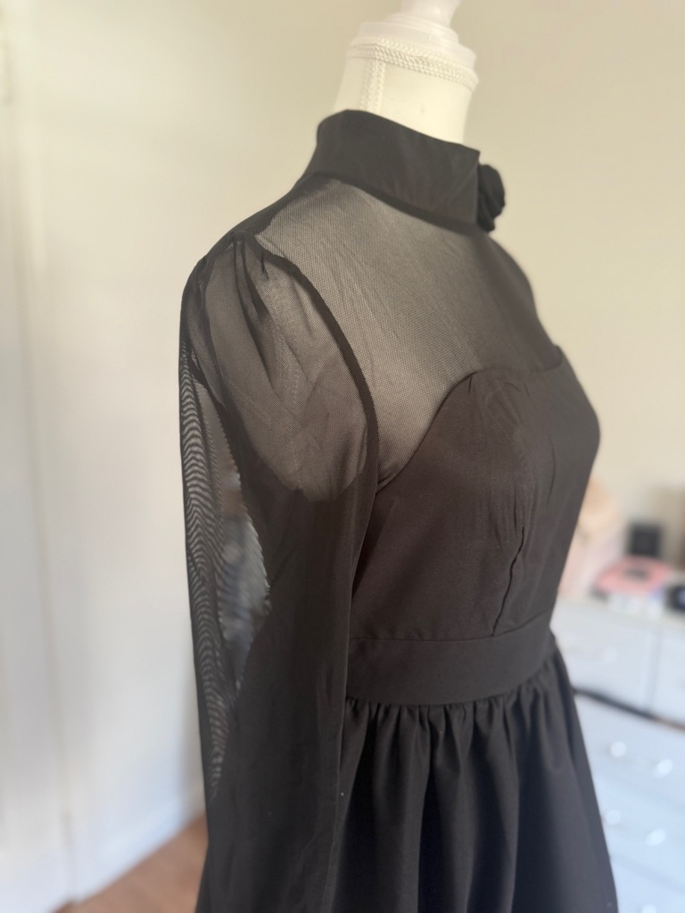Black Sheer Mesh Long Sleeve Mini Dress High Neck Floral Detail Size S - Picture 3 of 6